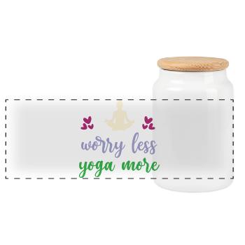 Worry Less Yoga More - Panoramic Cookie Jar with Wooden Lid - white - Front