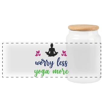 Worry Less Yoga More - Panoramic Cookie Jar with Wooden Lid - white - Front
