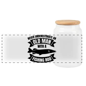 Never underestimate an old angler - Panoramic Cookie Jar with Wooden Lid - white - Front