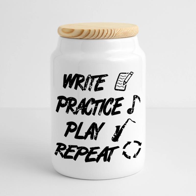Writing, practicing, playing, repeating Panoramic Cookie Jar with Wooden Lid