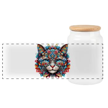 Cat decorated with Mandalas - Panoramic Cookie Jar with Wooden Lid - white - Front