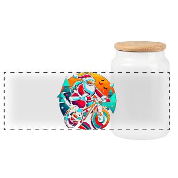Santa Neon Bike Ride - Panoramic Cookie Jar with Wooden Lid - white - Front