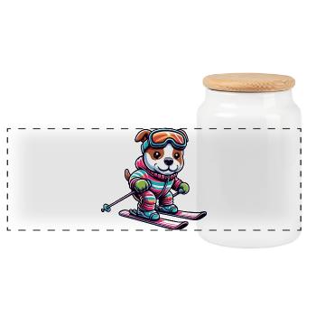 Dog American Staffordshire Terrier Ski Skier - Panoramic Cookie Jar with Wooden Lid - white - Front