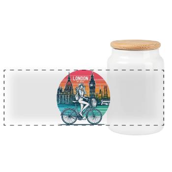 London Skyline Bicycle Illustration - Panoramic Cookie Jar with Wooden Lid - white - Front