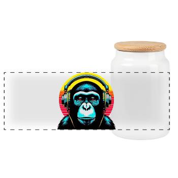 Un singe chimpanzé écoute de la musique avec des écouteurs - Boîte à biscuits avec couvercle en bois - blanc - Devant