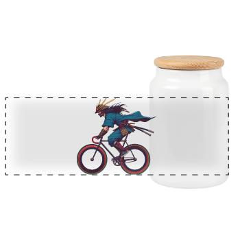 Japanese warrior on road bike - Panoramic Cookie Jar with Wooden Lid - white - Front