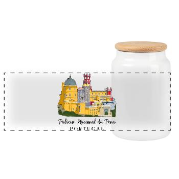Portugal, Sintra Castle, Pena Palace, Drawing - Panoramic Cookie Jar with Wooden Lid - white - Front