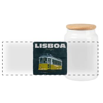 Lissabon Gelbe Straßenbahn Retro - Panorama Keksdose mit Holzdeckel - Weiß - Vorne