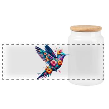 Hummingbird decorated with flowers - Panoramic Cookie Jar with Wooden Lid - white - Front