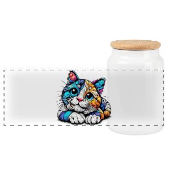 Cat - Panoramic Cookie Jar with Wooden Lid - white - Front