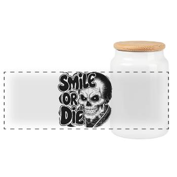Vampirskelett mit Text Lächeln oder Sterben - Panorama Keksdose mit Holzdeckel - Weiß - Vorne