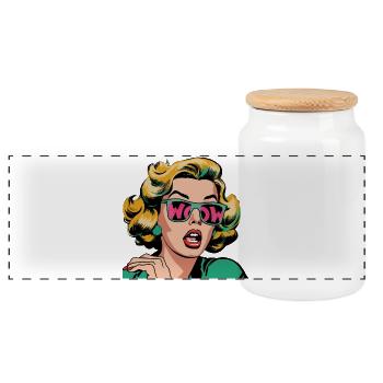 Pop Art WOW-Porträt mit glitzernder Sonnenbrille - Panorama Keksdose mit Holzdeckel - Weiß - Vorne