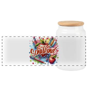Schulkind Apfel Stift Schulanfänger 2026 - Panorama Keksdose mit Holzdeckel - Weiß - Vorne