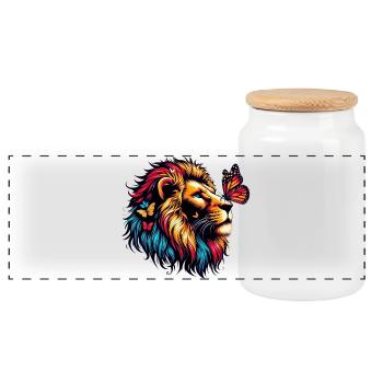 Lion and Butterfly - Panoramic Cookie Jar with Wooden Lid - white - Front