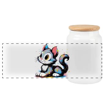 Cat - Panoramic Cookie Jar with Wooden Lid - white - Front