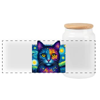 Cat - Panoramic Cookie Jar with Wooden Lid - white - Front