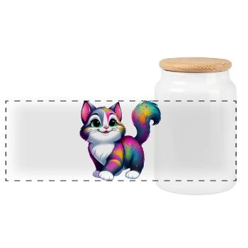 Cat - Panoramic Cookie Jar with Wooden Lid - white - Front