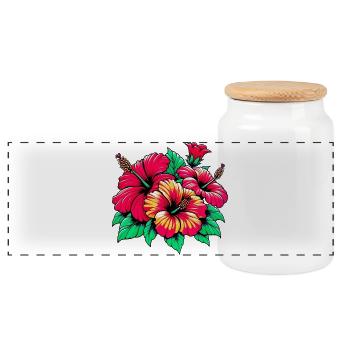 Hibiscus Flowers - Panoramic Cookie Jar with Wooden Lid - white - Front