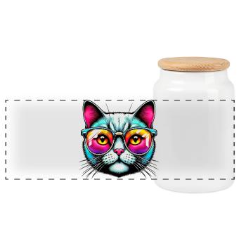 Kater mit Sonnenbrille - Panorama Keksdose mit Holzdeckel - Weiß - Vorne
