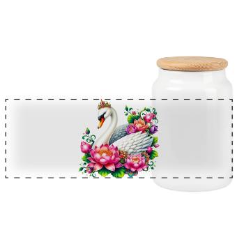 Swan decorated with lotus flowers flower - Panoramic Cookie Jar with Wooden Lid - white - Front
