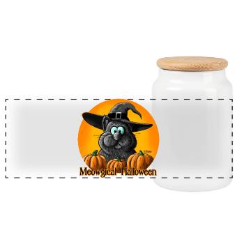 Chat d'Halloween avec chapeau de sorcière - Boîte à biscuits avec couvercle en bois - blanc - Devant