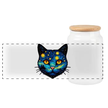 Cat - Panoramic Cookie Jar with Wooden Lid - white - Front