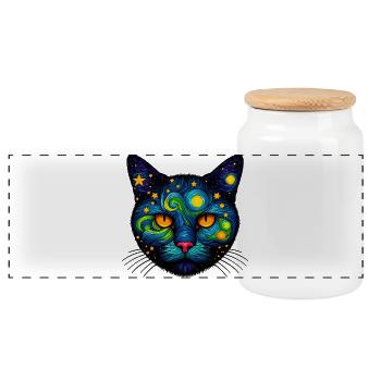 Cat - Panoramic Cookie Jar with Wooden Lid - white - Front