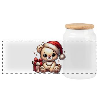 Teddybär mit Geschenk – Herzerwärmendes Motiv - Panorama Keksdose mit Holzdeckel - Weiß - Vorne
