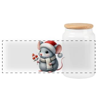 Souris mignonne avec chapeau de Père Noël et branche de baie - Boîte à biscuits avec couvercle en bois - blanc - Devant