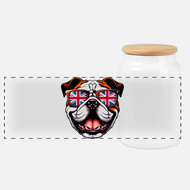 Englische Bulldogge Hund - Panorama Keksdose mit Holzdeckel - Weiß