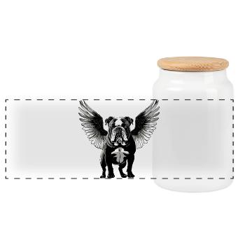 Bulldog with Wings – Heavenly Dog Design - Panoramic Cookie Jar with Wooden Lid - white - Front