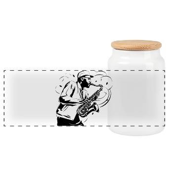 Saxophonist Drawing - Panoramic Cookie Jar with Wooden Lid - white - Front