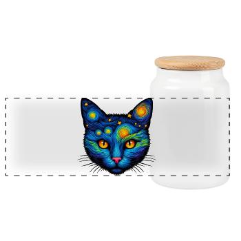 Cat - Panoramic Cookie Jar with Wooden Lid - white - Front