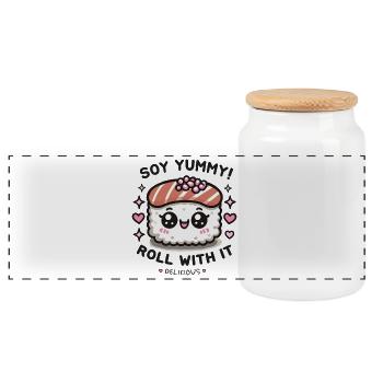 Sushi vibes Roll with it! - Panoramic Cookie Jar with Wooden Lid - white - Front