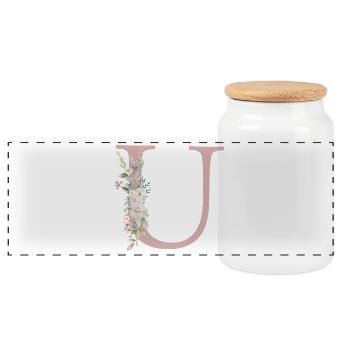 U Monogramm, Floral, personalisierbar - Panorama Keksdose mit Holzdeckel - Weiß - Vorne