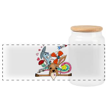Cute Deer, Bunny Collage with Rainbow - Panoramic Cookie Jar with Wooden Lid - white - Front