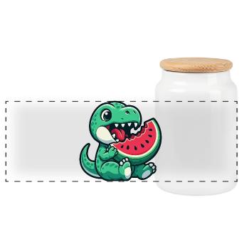 Dino T-Rex with Watermelon Summer Fruit Fun - Panoramic Cookie Jar with Wooden Lid - white - Front
