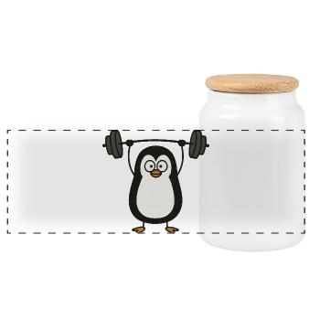 Funny penguin with dumbbell fitness fun - Panoramic Cookie Jar with Wooden Lid - white - Front