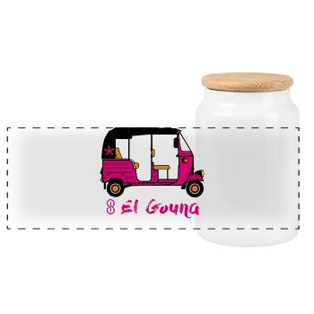 Tuk Tuk pink with text EL GOUNA - Panoramic Cookie Jar with Wooden Lid - white - Front