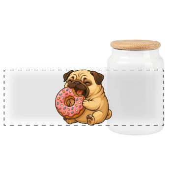 Süßer Mops mit Donut Cartoon Lustig Fressen - Panorama Keksdose mit Holzdeckel - Weiß - Vorne