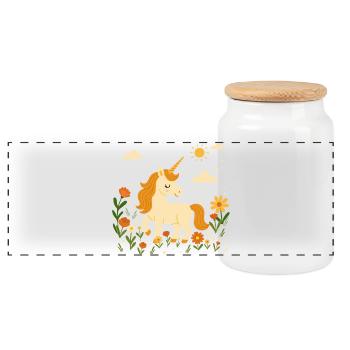 Unicorn on flower meadow – Cheerful scene with sun - Panoramic Cookie Jar with Wooden Lid - white - Front
