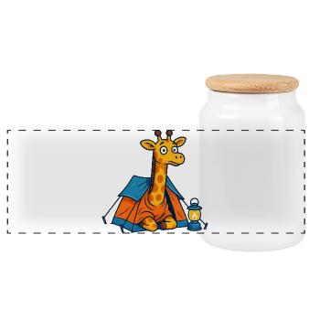 Cartoon Giraffe Camping Design - Panoramic Cookie Jar with Wooden Lid - white - Front
