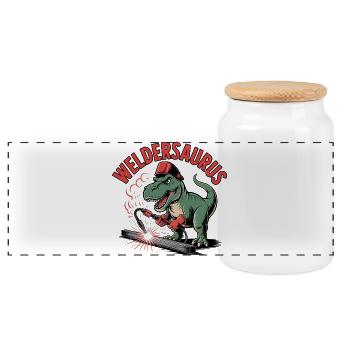 Weldersaurus Drôle Dinosaure Soudeur - Boîte à biscuits avec couvercle en bois - blanc - Devant