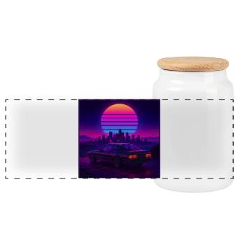 Neon Outrun Sunset Car – Retro Synthwave - Panoramic Cookie Jar with Wooden Lid - white - Front