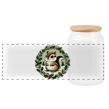 Festive Squirrel with Holly Wreath - Panoramic Cookie Jar with Wooden Lid - white - Front