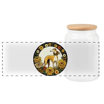 Eleganter Windhund mit Blumenrahmen - Panorama Keksdose mit Holzdeckel - Weiß - Vorne