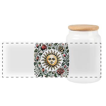 Sun and Floral Botanical Illustration - Panoramic Cookie Jar with Wooden Lid - white - Front