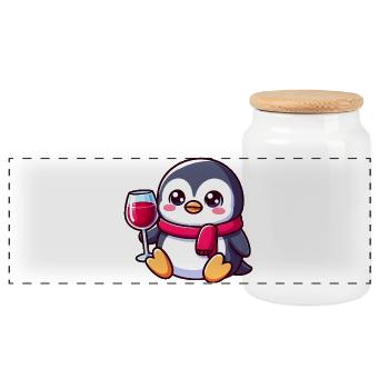 Cute Penguin with Red Wine Wine Lover Cartoon - Panoramic Cookie Jar with Wooden Lid - white - Front