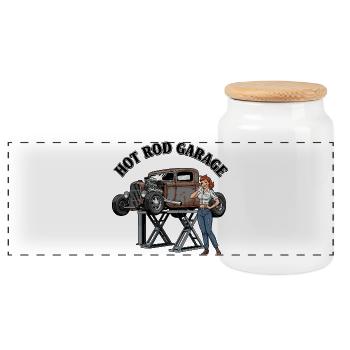 Vintage Hot Rod Garage Design - Panoramic Cookie Jar with Wooden Lid - white - Front
