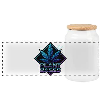 Plant Based Neon – futuristic hemp leaf - Panoramic Cookie Jar with Wooden Lid - white - Front